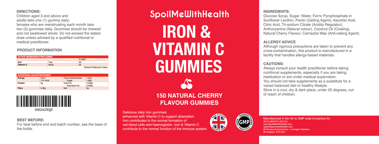 Iron & Vitamin C Gummies | Natural Cherry Flavour | Chewable